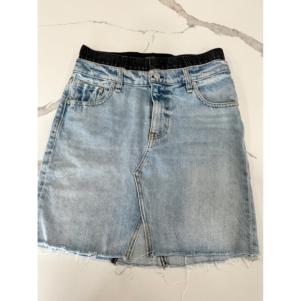 Hudson Lulu Double Waistband Denim Mini Skirt Light Wash Raw Hem 27